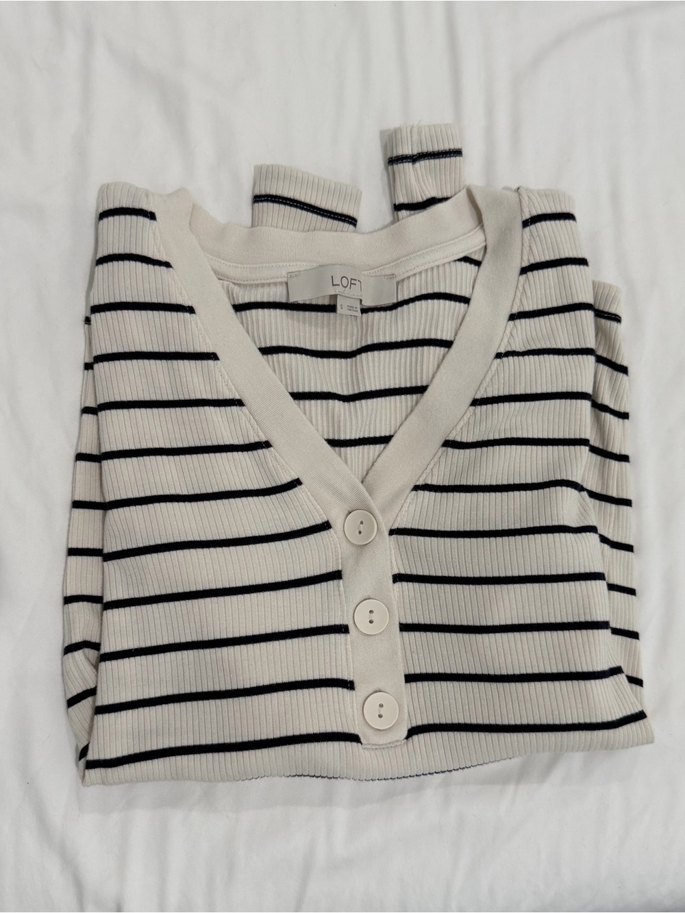 LOFT Cream and Black Striped V-Neck Button Top